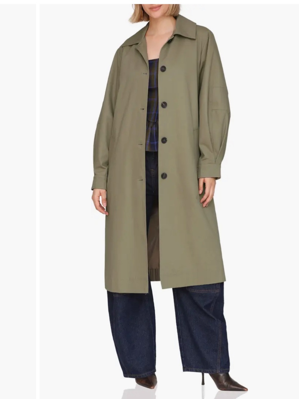 Olive Green Long Button-Front Trench Coat